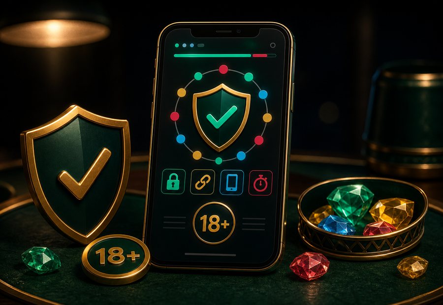 Polished gem app screen with shield, device icons, and adult marker