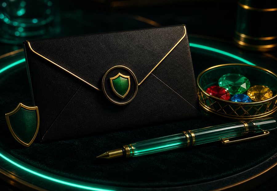 Premium gem message card with tray, shield, and glass pen