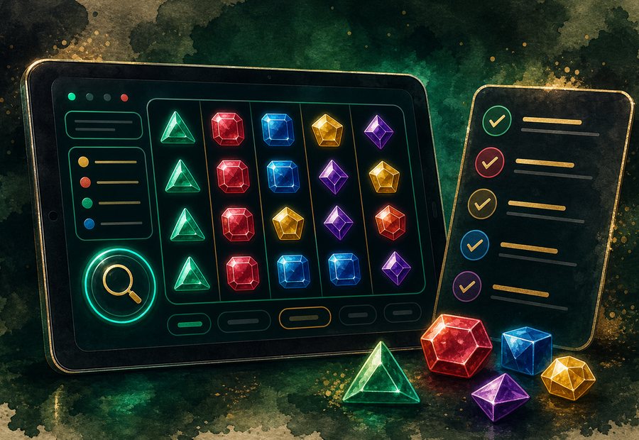 Watercolor neon gem game tablet with checklist and colored gems