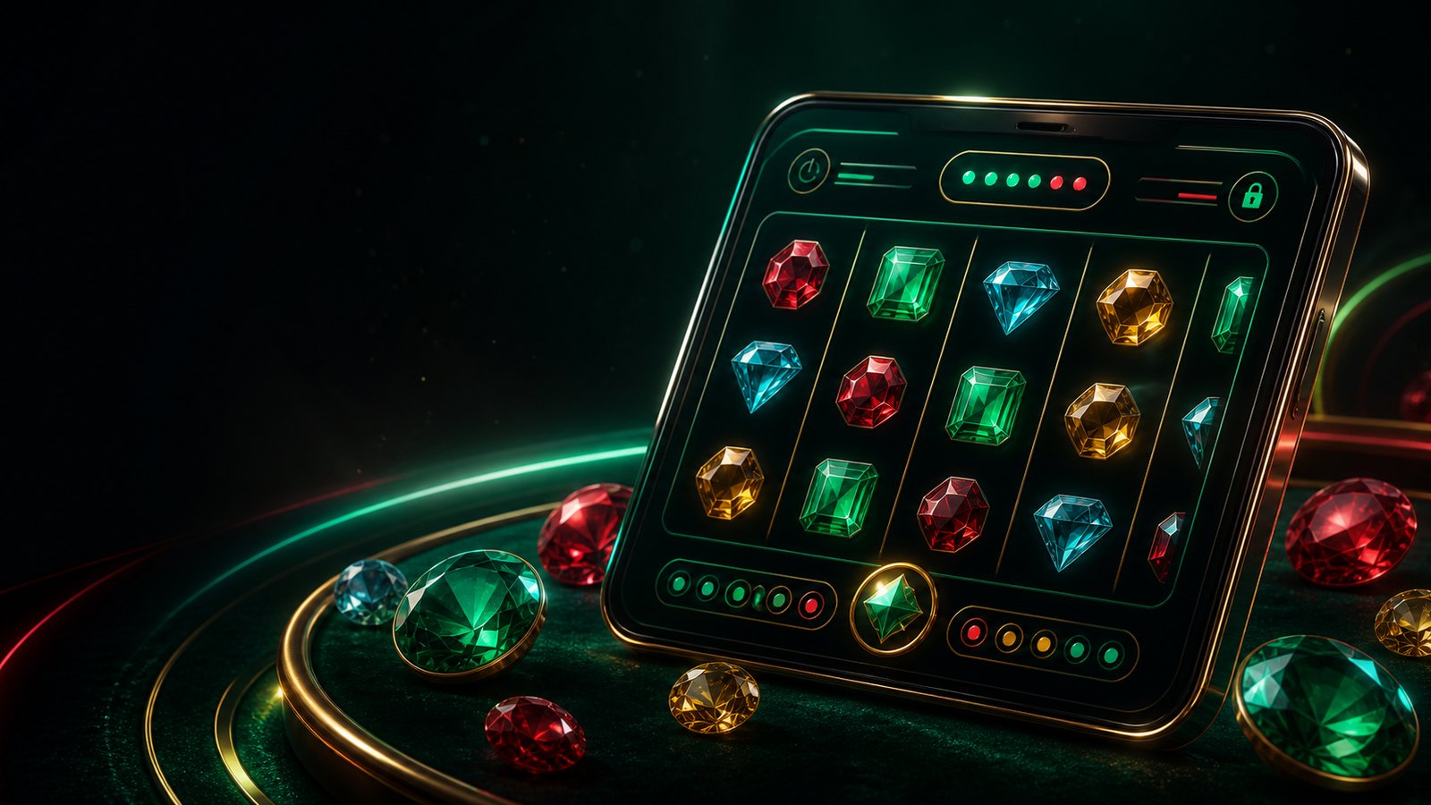 Premium 3D gem game screen with emerald, ruby, sapphire symbols, and dark neon table