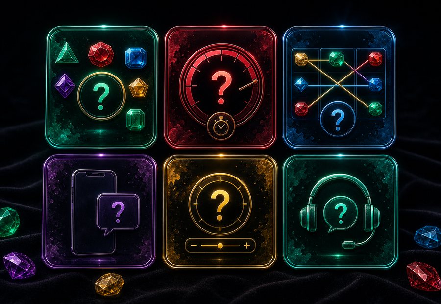 Glass gem question cards with timer, symbol, app, and support icons