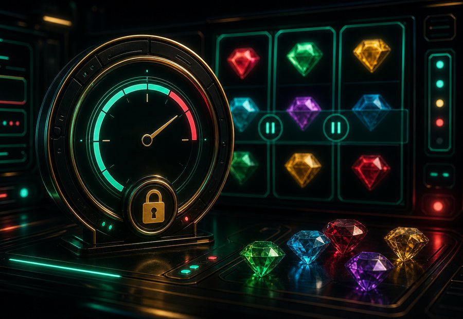 Cyberpunk gem timer and lock-state screen with neon control surface