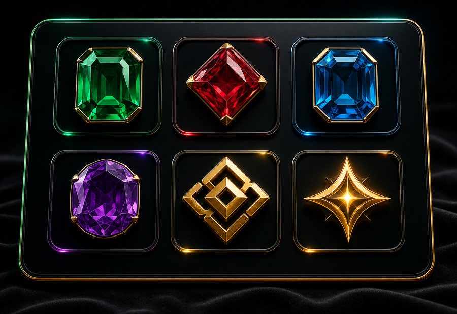 3D gem symbol board with emerald, ruby, sapphire, amethyst, gold, and star panels